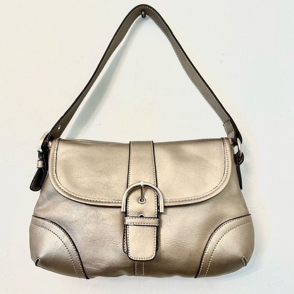 Bellerose Metallic Faux Leather Magnetic Snap Shoulder Purse Bag Pewter/Gold-ton